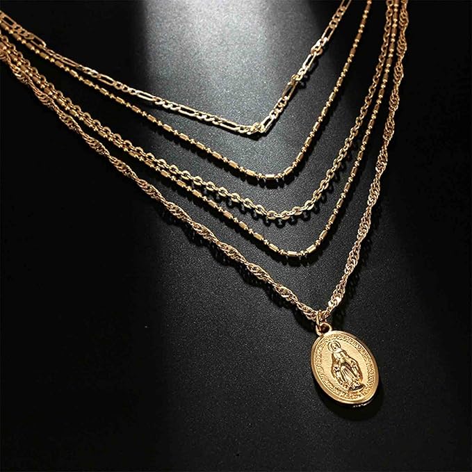 Boho Layered Oval Coin Necklace Choker Gold Virgin Mary Necklace Figaro Chain Necklace Vintage Multilayer Necklace Chain Jewelry for Women and Girls-Velvo Beauty