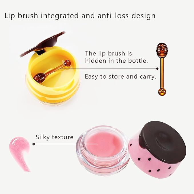 2 PCS Bee Lip Balm Honey Pot, Watermelon & Strawberry Sleeping Lip Mask Overnight, Hydrating Prevention Dry and Cracked Lip Scrub, Reduces Lip Lines, Brightening Lip Color-Velvo Beauty