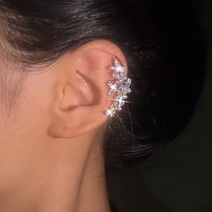 Vintage Crystal Pearl Ear Cuff Earrings Rhinestone Butterfly Cuff Wrap Earrings Cz Butterfly Ear Climber Cuff Earrings Silver Pearl Cz Non Piercing Earring Jewelry for Women(Left)-Velvo Beauty