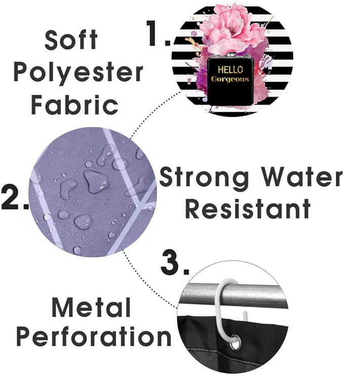 4PCS Gold Glitter Hello Gorgeous Shower Curtain Set, Watercolor Pink Floral Black and White Striped Perfume Makeup Modern Fashion Women Bathroom Decor, Non-Slip Bath Mat Toilet Rug, Hibiscus-Velvo Beauty