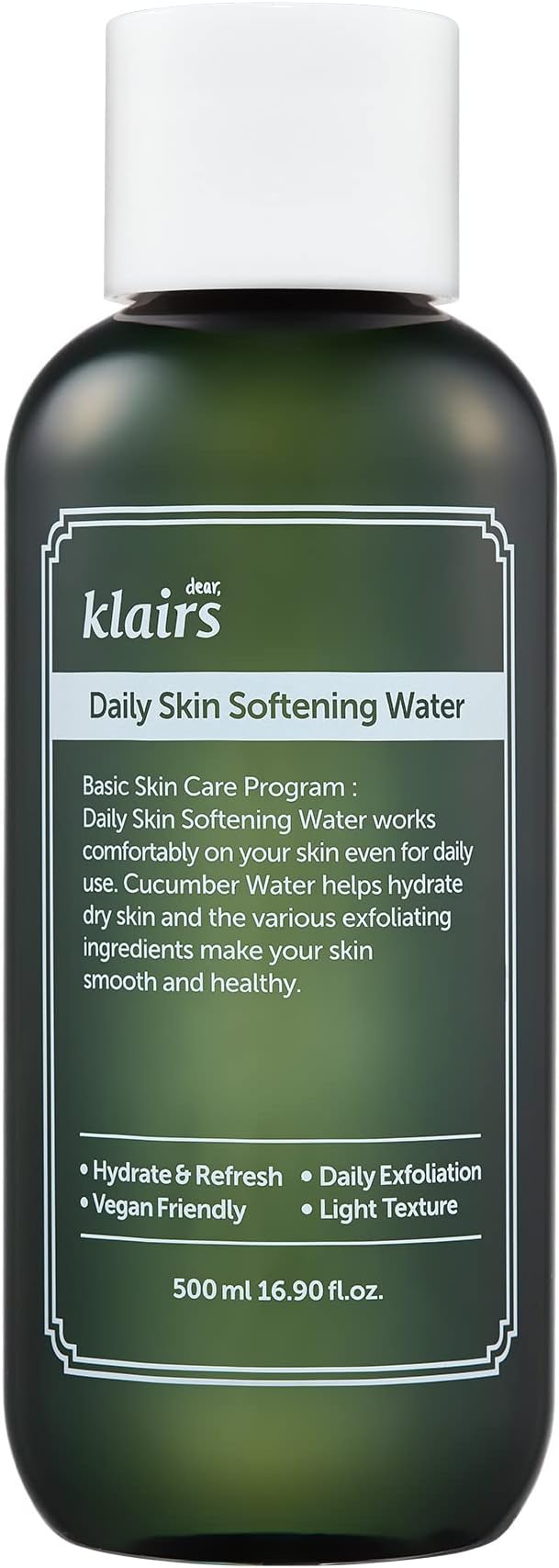 [DearKlairs] Daily Skin Softening Water, Toner, Jumbo 16.90 Fl Oz, Skin Refining Cucumber Essence, Daily mild exfoliator-Velvo Beauty