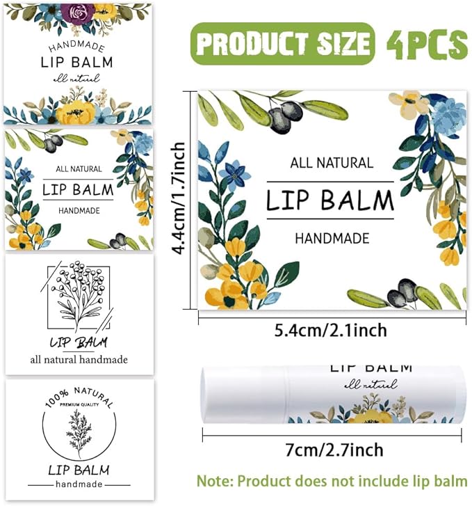 OLYCRAFT 100Pcs 4 Styles Lipstick Tag Stickers Flower Lip Balm Label Sticker 2.1x1.7 inch Self Adhesive Lipstick Labels with Handmade Words for Lip Balm Container Tubes Wrapping Decorations-Velvo Beauty