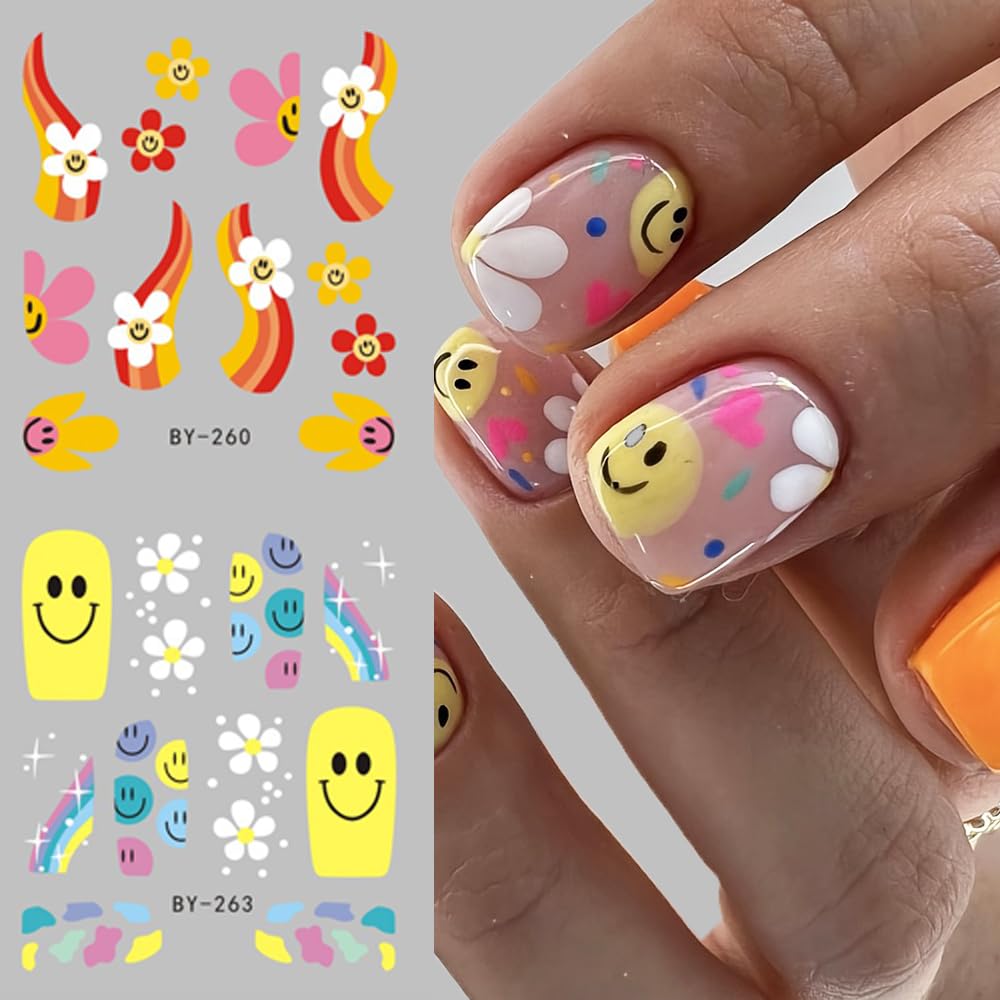 Abstract French Tips Nail Art Stickers Decals Colorful Sun Flower Smiling Nail Foils Sticker Water Transfer Nail Decals Rainbow Design Acrylic Nail Sticker for Nail Art Women Nail Decoration 12Pcs-Velvo Beauty