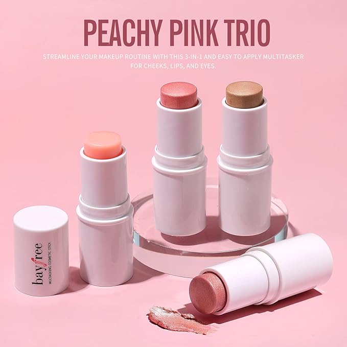KIMUSE Multi Stick Trio Face Makeup, Cream Blush Stick for Cheeks & Lips, Moisturizer & Contour Makeup Sticks for All Skin,PEACHY PINK-Velvo Beauty