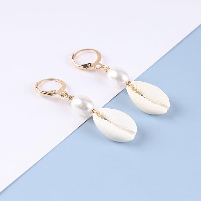 Boho Shell Drop Earrings Vintage Gold Star Shell Dangle Earrings Statement Cowrie Shell Hook Earrings Summer Beach Seashell Earrings Jewelry for Women-Velvo Beauty