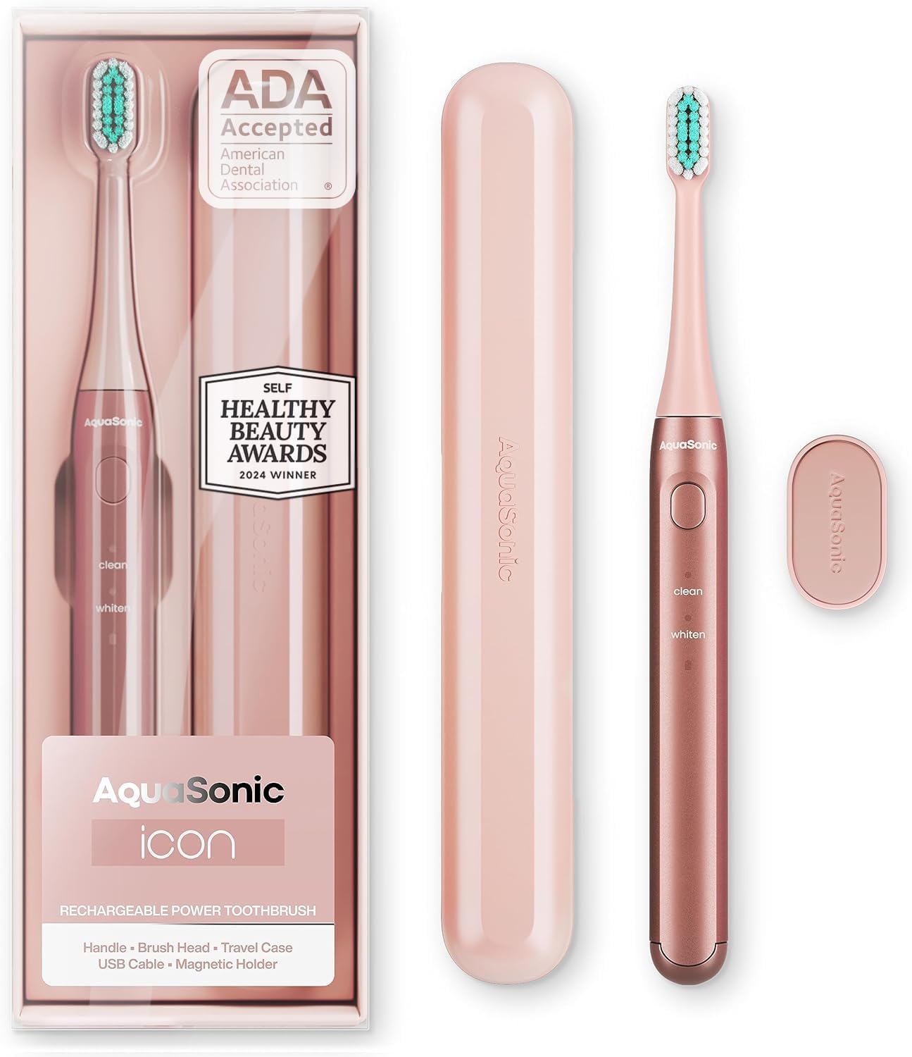 Aquasonic Icon ADA-Accepted Rechargeable Toothbrush | Magnetic Holder & Slim Travel Case | 2 Brushing Modes & Smart Timers | Gentle Micro-Vibrations (Blush)-Velvo Beauty