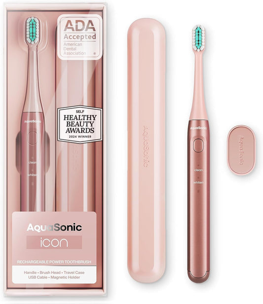 Aquasonic Icon ADA-Accepted Rechargeable Toothbrush | Magnetic Holder & Slim Travel Case | 2 Brushing Modes & Smart Timers | Gentle Micro-Vibrations (Blush)-Velvo Beauty