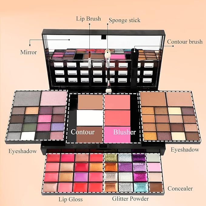 Makeup Kit for Women Full Kit including 36 Eyeshadow Makeup,16 Lip Gloss,12 Glitter Cream, 4 Concealer, 3 Blusher,1 Bronzer, 2 Highlight and Contour - All in One Makeup Kit 74 Colors-Velvo Beauty