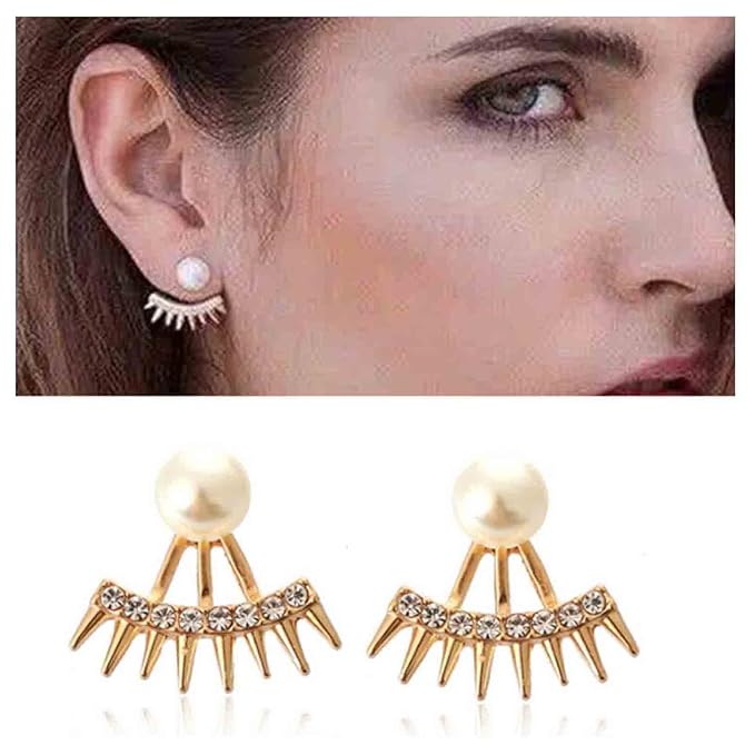 Punk Spike Ear Jacket Earrings Gold Pearl Studs Earrings Minimalist Front Back Studs Earrings Modern Edgy Earrings Jewelry for Women and Girls Gift-Velvo Beauty