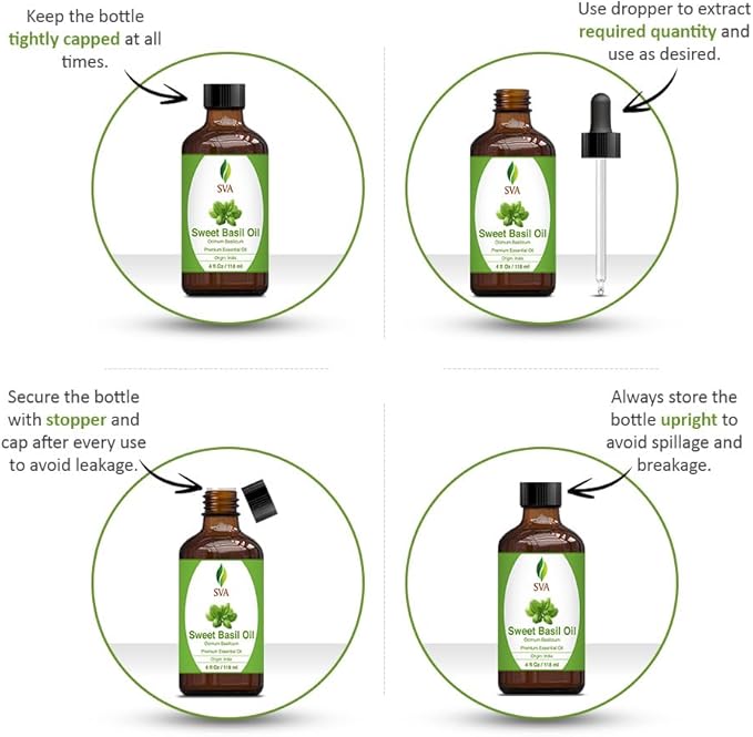 SVA Sweet Basil Essential Oil – 4 Fl Oz – 100% Natural Basil Oil - for Diffuser, Hair Care, Face, Skin Care, Aromatherapy, Scalp and Body Massage, Soap and Candle Making – with Dropper-Velvo Beauty
