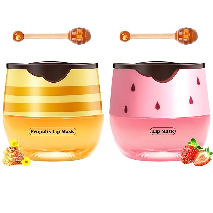 Bee Lip Balm Honey Pot, Strawberry & Honey Moisturizing Propolis Lip Mask, Hydrating & Prevention Dry and Cracked Lip Scrubs Exfoliator, Reduces Lip Lines (Yellow & Pink)-Velvo Beauty