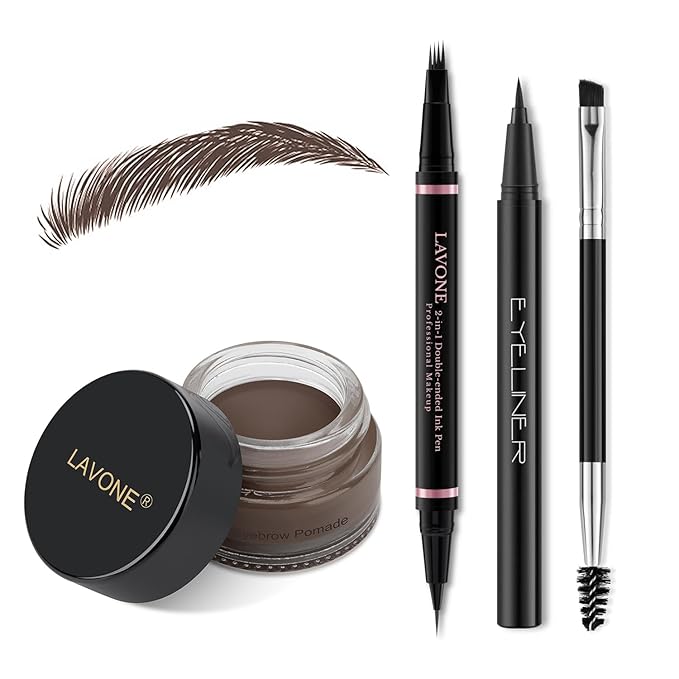 LAVONE Eyebrow Pencil Makeup Kit, with Waterproof 2-IN-1 Microblading Eyebrow Pen, Eyebrow Pomade, Eyeliner and Dual-ended Eyebrow Brush, Brow Pencil Kit for Natural Eyebrows - Black Brown-Velvo Beauty