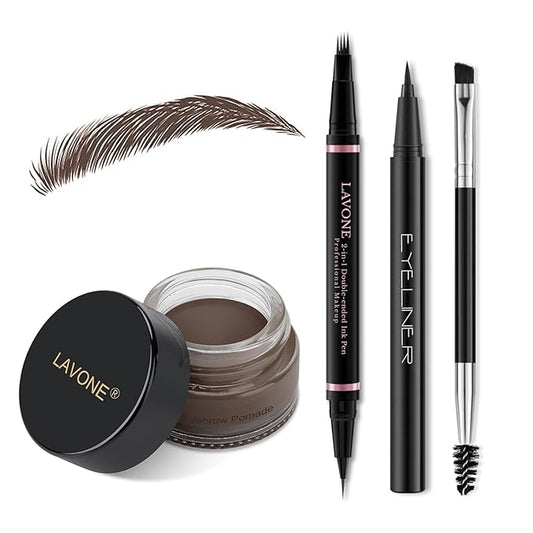 LAVONE Eyebrow Pencil Makeup Kit, with Waterproof 2-IN-1 Microblading Eyebrow Pen, Eyebrow Pomade, Eyeliner and Dual-ended Eyebrow Brush, Brow Pencil Kit for Natural Eyebrows - Black Brown-Velvo Beauty