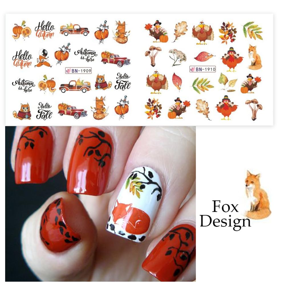 Fall Nail Art Stickers Maple Leaf Water Transfer Nail Decals Nail Supplies Autumn Maple Leaves Pumpkin Turkey Fox Design Watermark Nail Art Decorations Thanksgiving Day Stickers Manicure Tips 12Pcs-Velvo Beauty