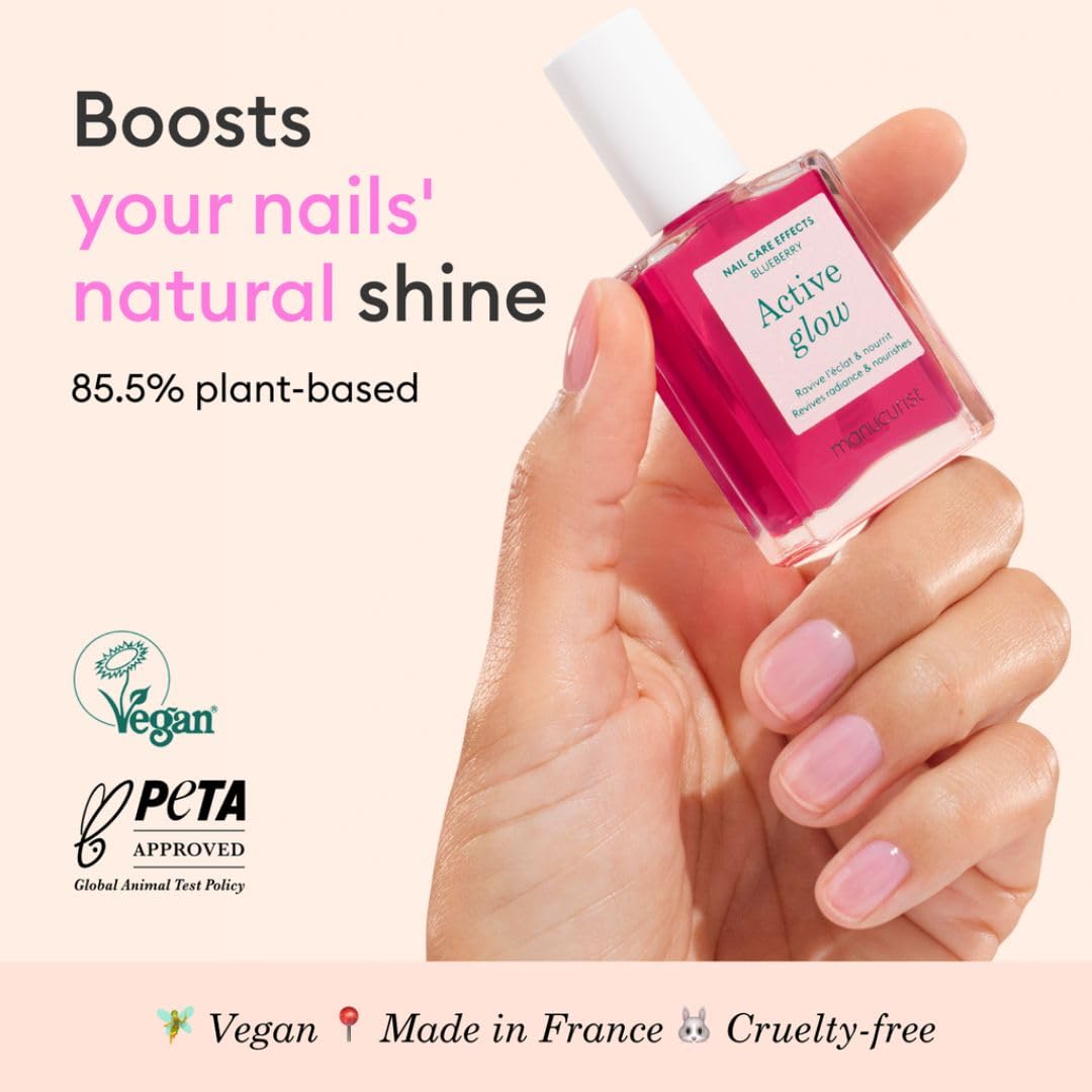 Manucurist Active Glow Blueberry All-in-One Perfecter Nail Polish & Care - No Lamp - Vegan & Made in France Ultra-Glowy Rose Mirror-Like Shine - Nail Concealer & Care - Plant-Based Ingredients-Velvo Beauty