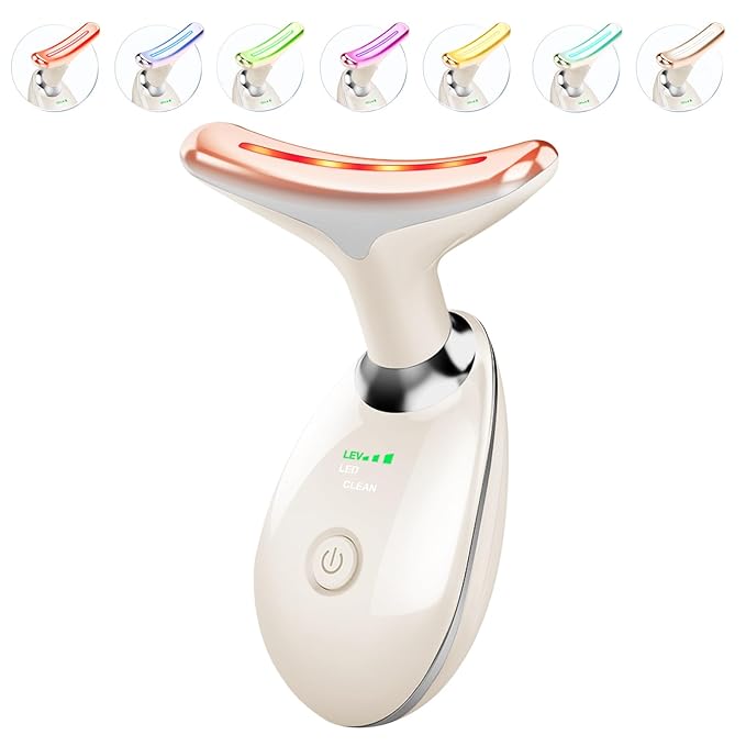 Red Light Therapy for Face and Neck, 7 Color Beauty Face Massager Tool, Vibrating Facial Massager with Thermals for Wrinkles, Double Chin, Glossy White-Velvo Beauty