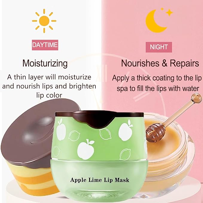 1PCS Lip Balm Honey Pot,Honey/Apple Lime Lip Mask Overnight Moisturizing Lip Balm,Hydrating Prevention Dry & Cracked Lip Exfoliator Lip Wrinkle Care Sleeping Lip Mask (Apple Lime)-Velvo Beauty