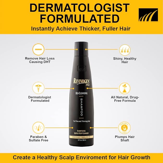 Revivogen MD Bio-Cleansing Shampoo for Thinning Hair, DHT Blocker Shampoo, Hair Loss Shampoo, Shampoo Thinning Hair, Soothes Scalp, Routine Shampoo for Women/Men Hair Loss, Hair Shampoo, 12oz-Velvo Beauty