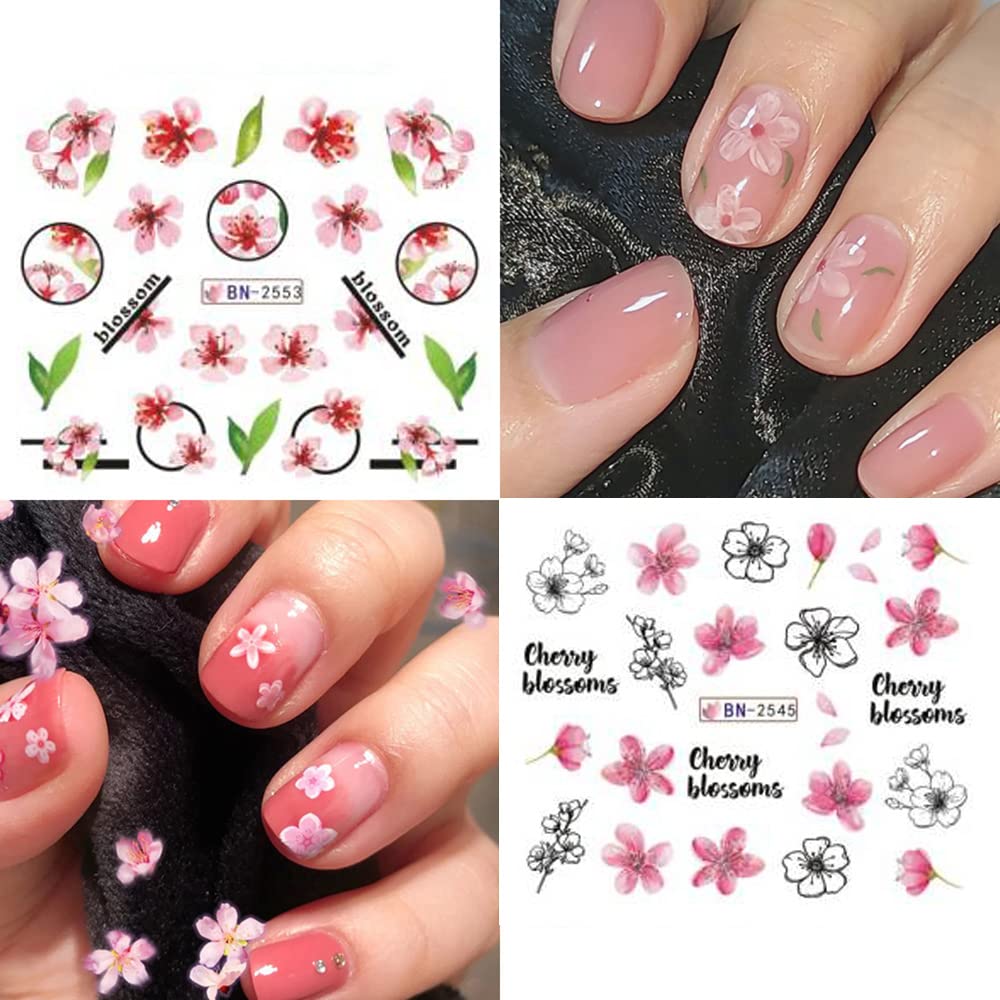Cherry Blossom Nail Art Stickers - Pink Sakura Water Transfer Foils Decals, Spring Flower Supplies Wrap, Holographic Floral Pattern Acrylic Stickers for Women - 12 Sheets-Velvo Beauty