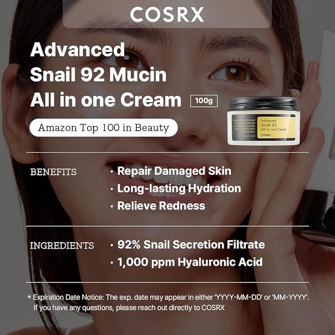 COSRX Snail Mucin 92% Repair Cream, Daily Face Gel Moisturizer for Dry Skin, Acne-prone, Sensitive Skin, Not Tested on Animals, No Parabens, Korean Skincare (3.52 Fl Oz (Pack of 1))-Velvo Beauty