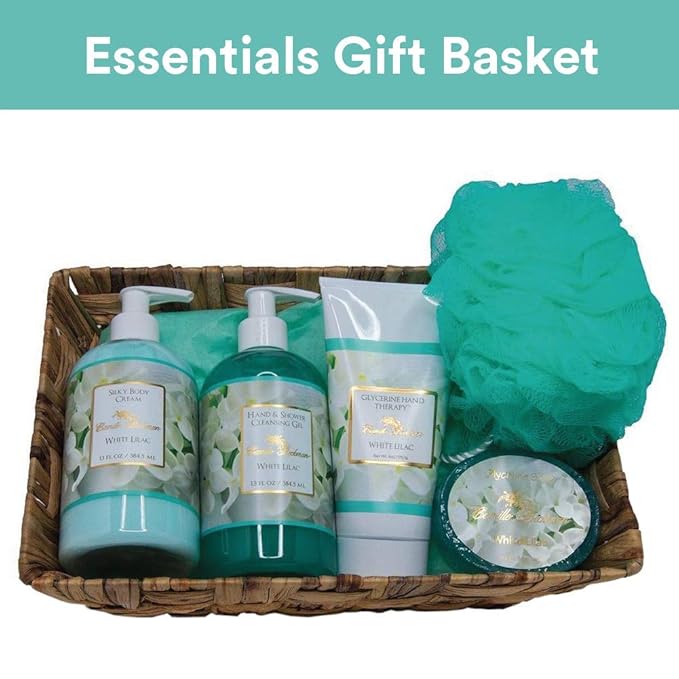 Camille Beckman Essentials Gift Basket, White Lilac, Glycerine Hand Therapy 6 oz, Silky Body Cream 13 oz, Hand and Shower Cleansing Gel 13 oz, Glycerine Soap 3.5 oz-Velvo Beauty