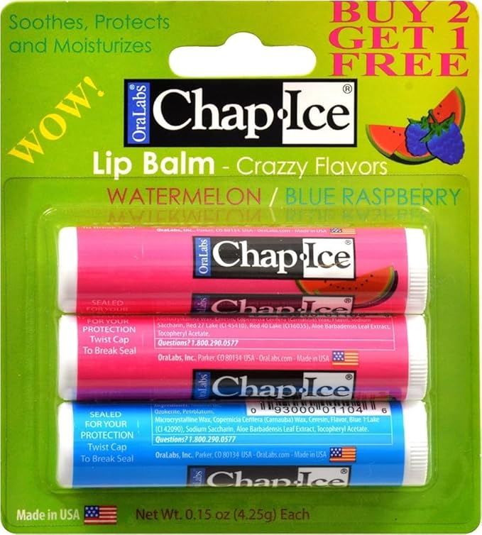 Chap-Ice SPF 4 Premium Lip Balm, Crazy Flavors (Watermelon & Blue Raspberry), 3 pack-Velvo Beauty