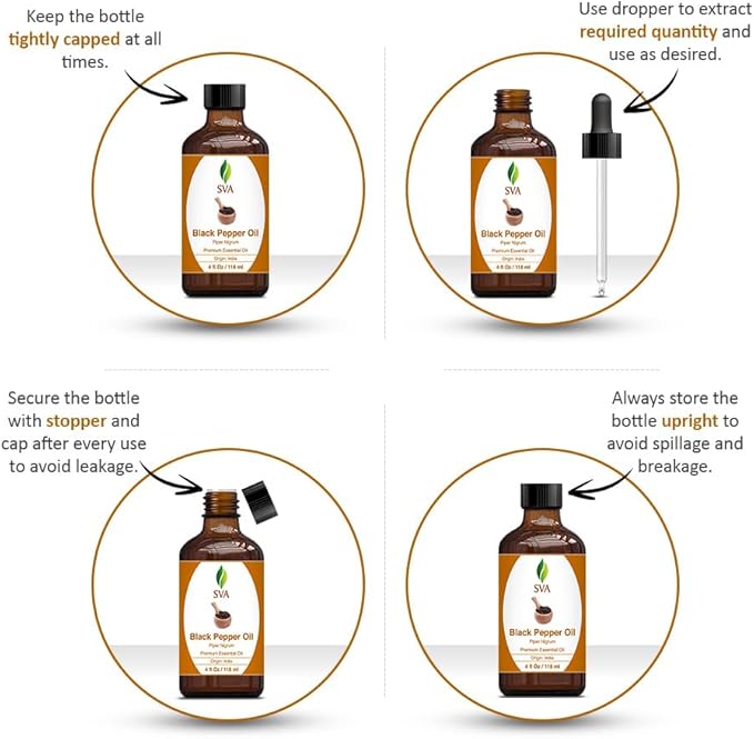 SVA Black Pepper Essential Oil – 4 Fl Oz – 100% Natural Black Pepper Oil - for Diffuser, Hair Care, Face, Skin Care, Aromatherapy, Scalp and Body Massage, Soap and Candle Making – with Dropper-Velvo Beauty