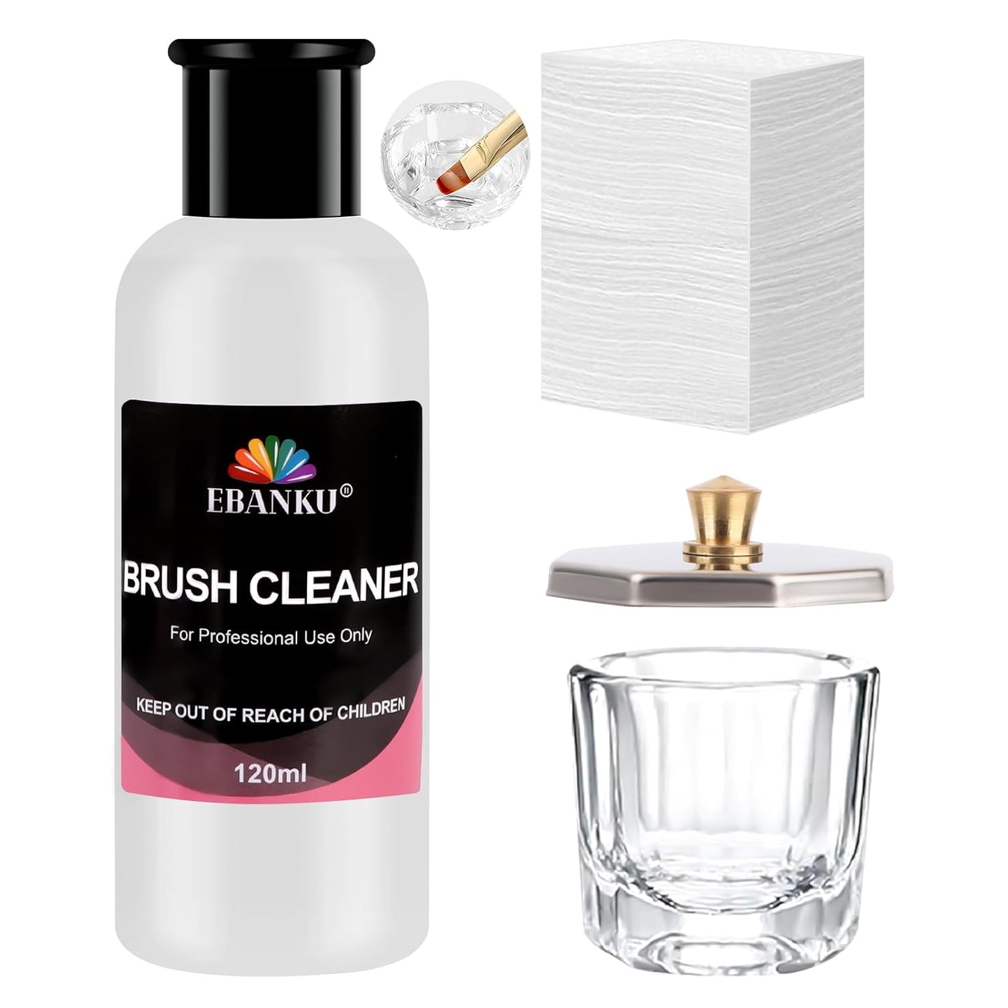 EBANKU 4OZ Nail Brush Cleaner, Nail Art Brushes Conditioner Quickly Clean Gel Nail Brush Clean Solution With Glass Cup and 100 Pcs Cleaning Pad for Nail Extension Gel-Velvo Beauty
