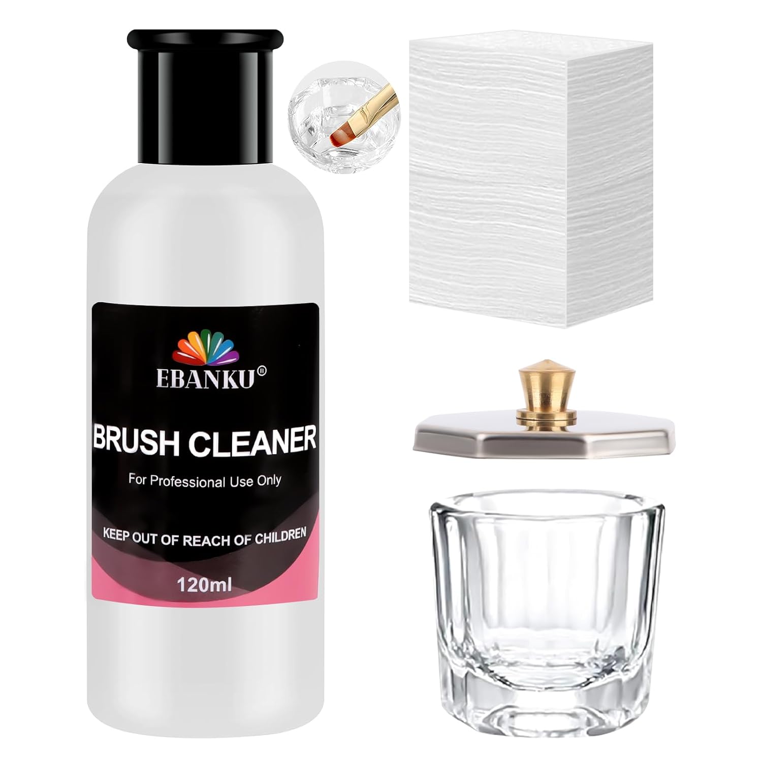 EBANKU 4OZ Nail Brush Cleaner, Nail Art Brushes Conditioner Quickly Clean Gel Nail Brush Clean Solution With Glass Cup and 100 Pcs Cleaning Pad for Nail Extension Gel-Velvo Beauty