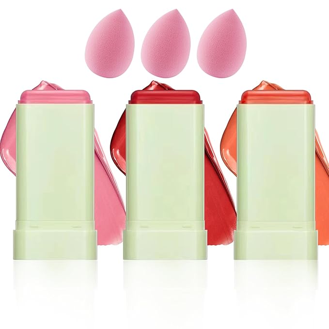 3 Colors Blush Stick,Multi-Use Cream Blush,Waterproofing Highly Pigmented Makeup Stick,Moisturizing Makeup Cream Set with Blender Sponge-Velvo Beauty