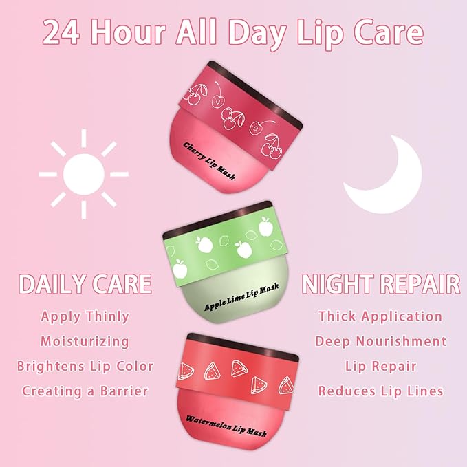 3 Pcs Bee Lip Balm Honey Pot, Cherry Watermelon Apple Lip Mask Overnight, Moisturizing Lip Sleeping Mask, Hydrate Repair Prevent Dry Cracked Lip Exfoliator Lip Care (Cherry+Watermelon+Apple Lime)-Velvo Beauty