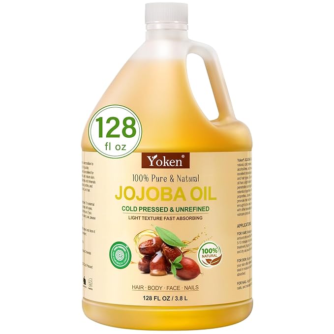 Yoken 1 Gallon Jojoba Oil EWG Verified - 100% Pure Jojoba Oils Bulk Cold Pressed Unrefined Hexane Free Virgin Golden jojoba Carrier Oil for Hair Skin Massage DIY Natural Body Moisturizer-Velvo Beauty