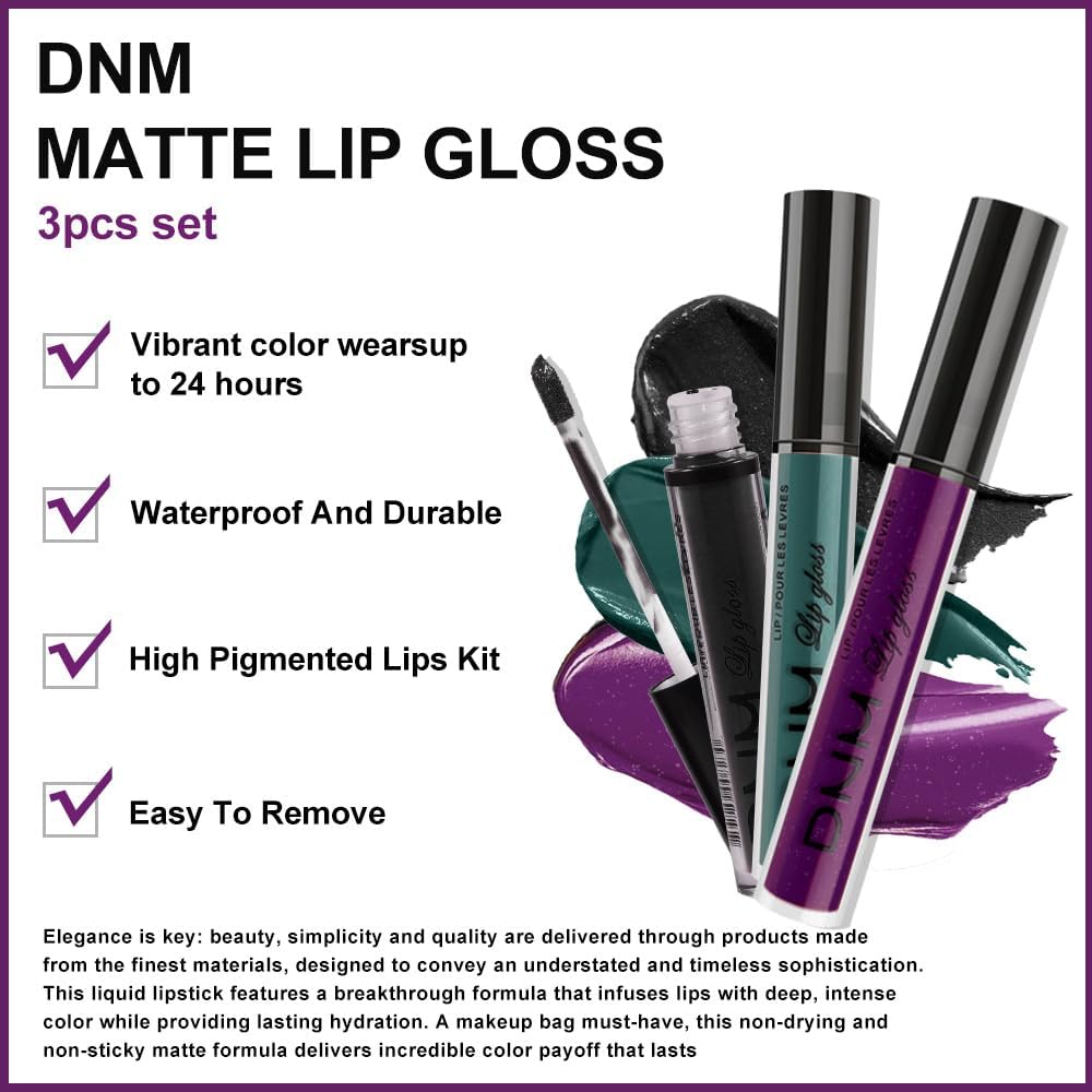 evpct 3Pcs Dark Black Green Purple Matte Liquid Lipstick Lip Stain Sets for Women Long Lasting Waterproof, 24 Hours Goth Lipstick labiales matte mate larga duracion listip 24 hours, 19#-Velvo Beauty