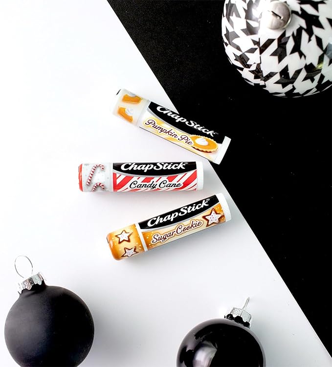 ChapStick Holiday Collection - Candy Cane, Pumpkin Pie & Sugar Cookie Flavors - Blister Pack of 3 Sticks 0.15 Each - Pack of 6 = 18 Sticks, Great Holiday Gift 3 Count (Pack of 6)-Velvo Beauty