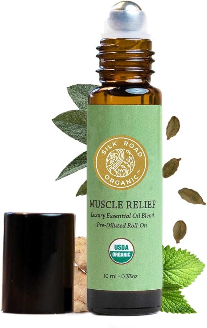 Silk Road Organic Muscle Relief Essential Oil Blend Roll On, 100% Pure USDA Certified Aromatherapy for Muscle Aches & Stiff Joints with Peppermint & Ginger - 10 ml Roller-Velvo Beauty