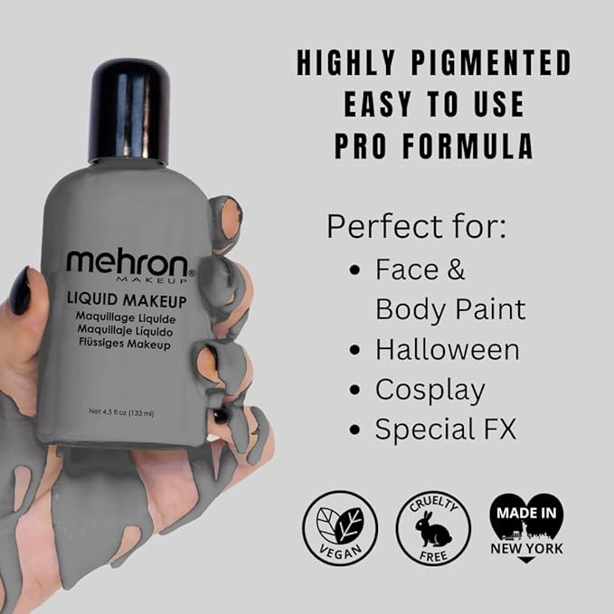 Mehron Makeup Liquid Makeup | Face Paint and Body Paint Perfect for Halloween, Cosplay I Air Brush Compatible 4.5 oz (133 ml) (MONSTER GREY)-Velvo Beauty