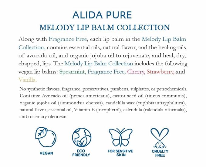 Melody Lip Balm Collection, Vegan Lip Balm Set, Beeswax Free, with Avocado Oil, Organic Jojoba Oil, and Vitamin E, Natural Moisturizer for Dry, Chapped Lips, 5 Tube Set-Velvo Beauty