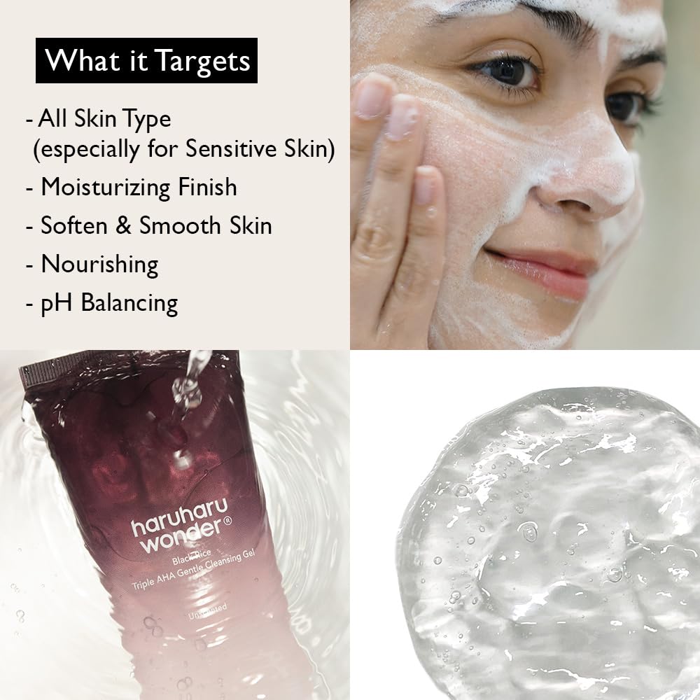 HARUHARU wonder Black Rice Triple AHA Gentle Cleansing Gel 3.38 fl oz, Hydrating Cleansing gel, Gentle exfoliating, Vegan, Travel essentials, Korean Skincare-Velvo Beauty