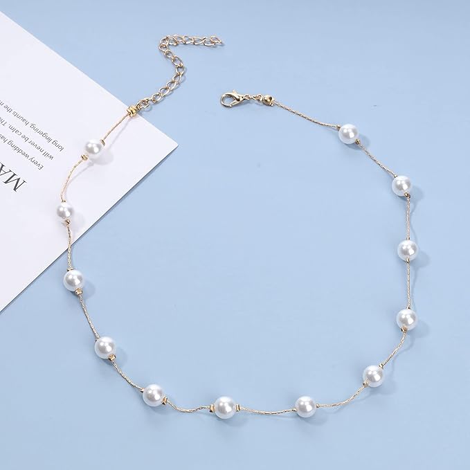 Boho Pearl Choker Necklace Floating Pearl Station Necklace Gold Tiny Pearl Beaded Necklace Chain Bridal Necklace Jewelry for Women and Girls Gifts-Velvo Beauty