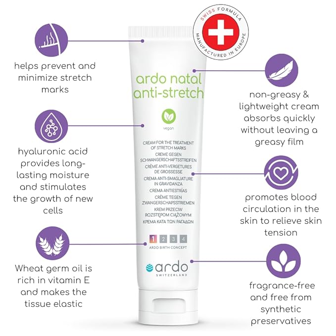 ARDO Anti-Stretch Mark Cream, Swiss Formula. Helps Prevent & Reduce Stretch Marks During Pregnancy & After Birth, Cruelty-Free, Vegan & Fragrance Free, Made in Europe, (100ml/3.4 fl.oz)-Velvo Beauty