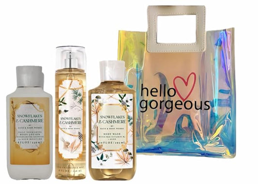 Bath & Body Works - Snowflakes & Cashmere - 3 Piece Bundle - Spray - Lotion Body - Shower Gel - Full Size and Hello Gorgeous Gift Bag.-Velvo Beauty
