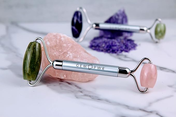 Rose Quartz + Jade Roller for Face and Neck Massage, Dual Gemstones with Durable Steel Handle and Travel Bag. Minimize Wrinkles, Reduce Puffiness and Restore Skin's Elasticity and Radiance-Velvo Beauty