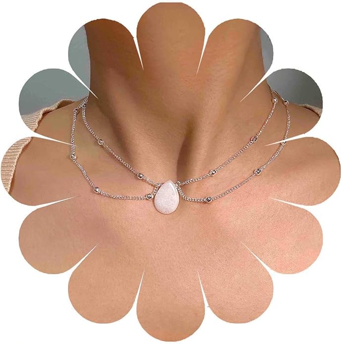 Layered Teardrop Pendant Necklace Teardrop Natural Stone Necklace Teardrop Gemstone Necklace Chain White Teardrop Necklace Choker Gold Satellite Chain Necklace Jewelry for Women and Girls-Velvo Beauty