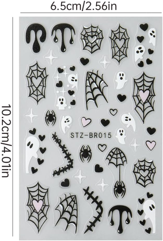 4sheets Halloween Nail Stickers 3D Self-Adhesive Ghost Nail Art Stickers - Black Spider Bat Decals with Heart Spider Web Blood Droplets Design for Women DIY Holiday Nail Decoration-Velvo Beauty