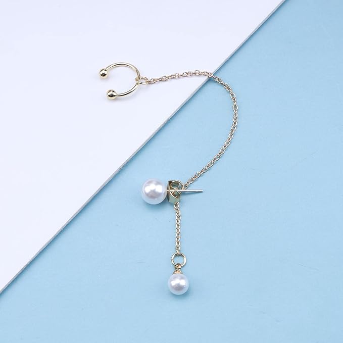 Vintage Pearl Cuff Chain Earrings Gold Chain Ear Cuffs Dangle Chain Cartilage Earrings Pearl Studs Earrings Cartilage Helix Earrings Helix to Lobe chain earrings Jewelry for Women and Girls (Gold B)-Velvo Beauty
