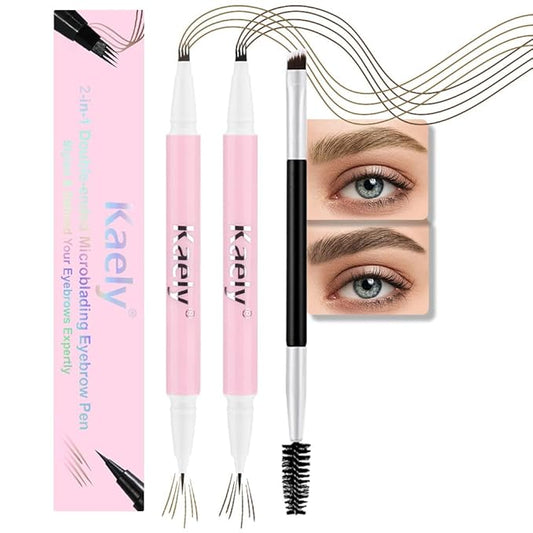 evpct 2Pcs Dark Light Brown Magic Microblading Dual-Ended Eyebrow Contouring Pen Brow Pencil, with 4 Brush Micro-Fork-Tips Applicator and Precise Brush-Tip Hair Like Strokes, Dual-ended Eyebrow Brush-Velvo Beauty