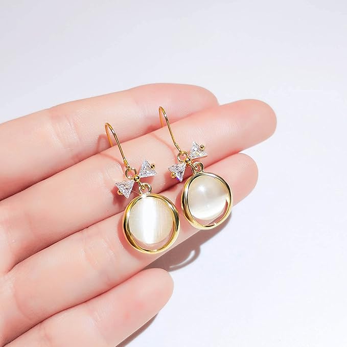 Vintage Circle Drop Earring Gold Cat Eye Stone Earrings Dangle Chalcedony Earrings with Bowknot Earrings Jewelry for Women and Teen Girls-Velvo Beauty