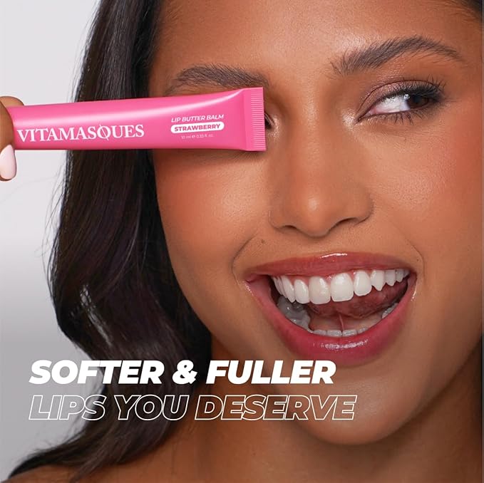 Vitamasques Lip Butter Balm Strawberry, Korean Lip Balm - Peptide Lip Treatment - Lip Balm Hydrating - Light Tinted Lip balm - Made in Korea - 0.33 fl.oz-Velvo Beauty