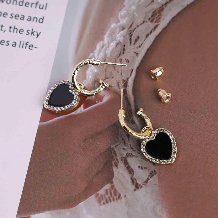 Vintage Crystal Heart Drop Earrings Black Heart Onyx Earrings Black Heart Hoop Huggie Earrings Gold Cz Love Heart Earrings Jewelry for Women-Velvo Beauty
