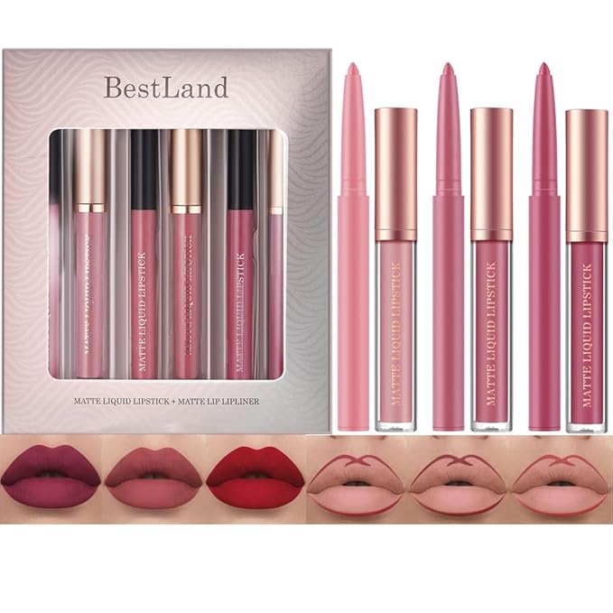 BestLand 6Pcs Matte Liquid Lipstick + Lip Liner Pens Set, One Step Lips Makeup Kits Pigment Velvety Nude Lip Stain Waterproof Long Wear Lip Gloss Make up Gift Set (Pure Romance Bundle)-Velvo Beauty
